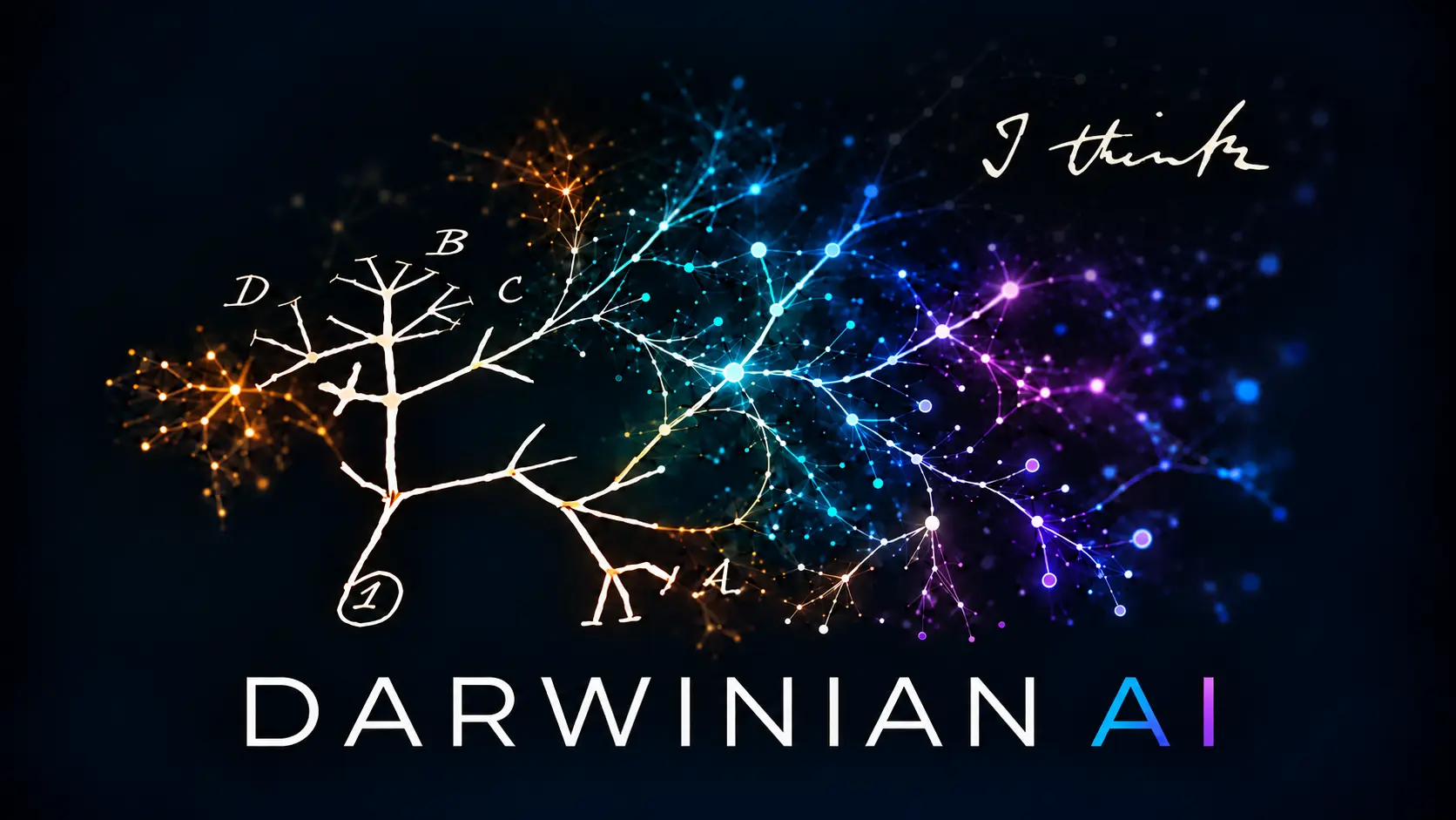 Darwinian AI: an evolutionary tree growing into a glowing neural network